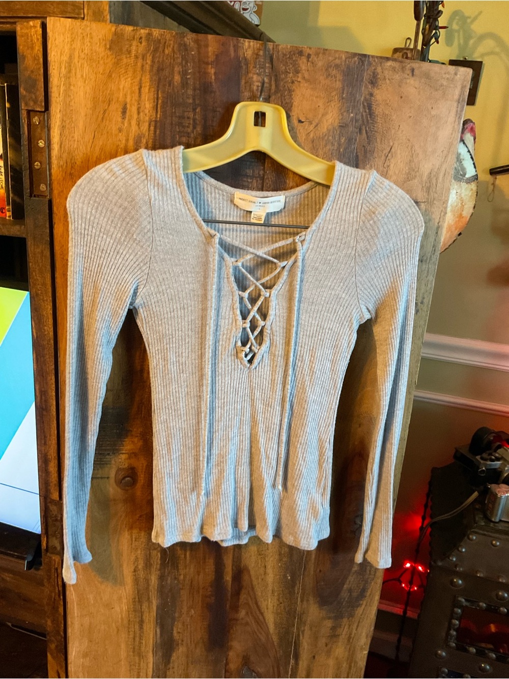 Urban Outfitters Project Social T Ribbed Lace-Up Long Sleeve Top - Light Gray